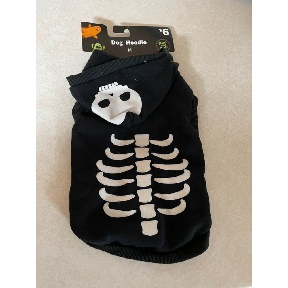 Glow in the Dark Dog Halloween Hoodie Black White Pet Sweater Medium NWT